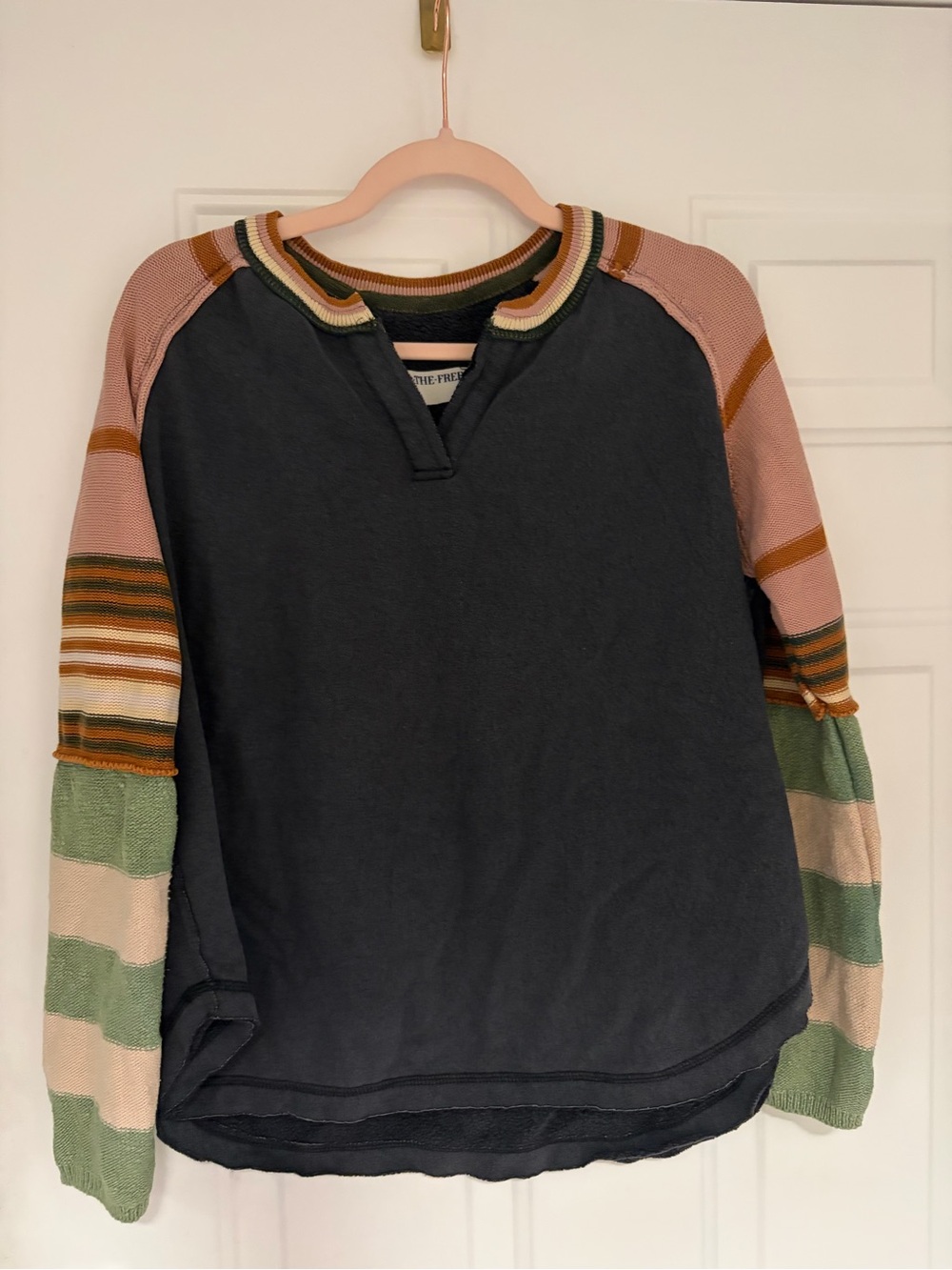 We The Free Black Pullover with Pink, Green & Tan Striped Sleeves